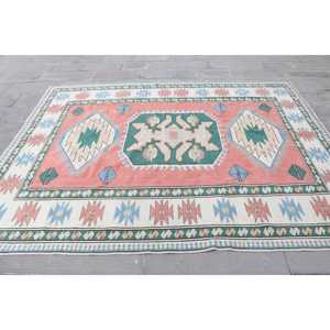 Turkish Vintage Large Rug 7.2x8.9 ft, <b>Red</b> Abstract Rug <b>Wool</b> - Product Image 4