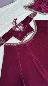 Best Selling High Quality Indian Designer <b>Viscos</b> Velvet Embroidery Lehenga Choli Dupatta Long Party Wear Weddings Anarkali Gown - Product Image 2