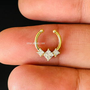 14K Solid <b>Gold</b> Moissanite Princess Cut Diamond Trio Stone Luxury Septum Clicker Fine Jewelry Gift - Product Image 1