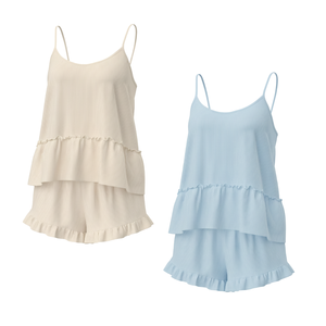 Conjunto de Camisola y Pantalones Cortos de Punto Térmico Acanalado con Volantes para Mujer al por Mayor, Ropa de Dormir Moderna, Proveedor OEM ODM - Product Image 1