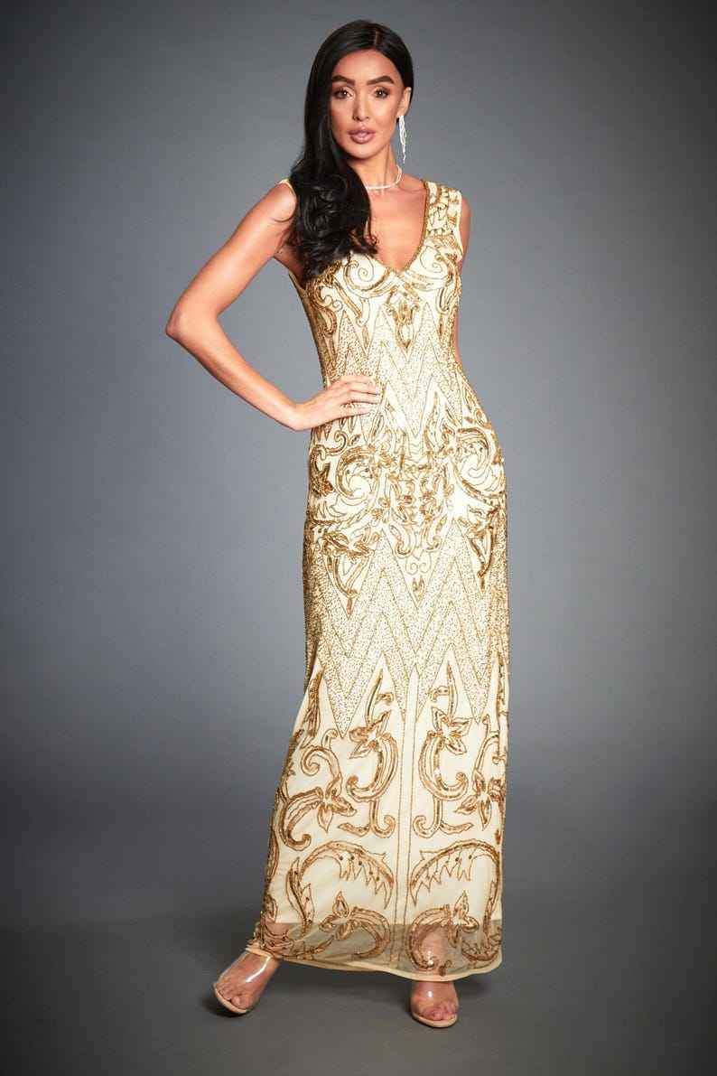 Designer Evening Gown with Nude Mesh Panels and gold Beaded