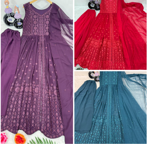 Costume palazzo haut de gamme coupe fantaisie de style bollywood très exigeant en tissu georgette fuax couleur vin avec travail de séquences de chaîne - Product Image 3