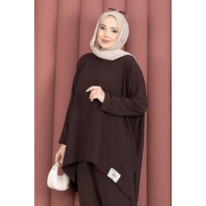 Ensemble décontracté d'été 2 pièces avec détails Armor, en denim couleur café, comprenant un haut ample et un pantalon large, taille XS, motif uni, ensemble court - Product Image 2