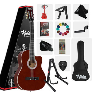 Kit de guitare classique 4/4 marron avec tige de tension réglable, accordeur, sac, sangle, capo, médiators et livre de méthode |   Midex MGX-100BRW-BAG - Product Image 1