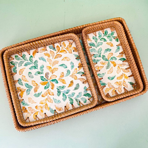 ชุดถาดรองหวายทรงสี่เหลี่ยมและสี่เหลี่ยมลายดอกไม้งานทอมือทำจากเวียดนาม - Product Image 1