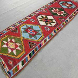 3.4x10.1 ft Turkish Rug, Vintage <b>Runner</b> Rug, <b>Red</b> Blue Striped Wool Rug - Product Image 2