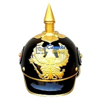 Casque à pointes allemand de style antique, Pickelhaube, en cuir fait main, métal laiton, réplique militaire, noir et or, décoration d'intérieur, objet de collection