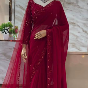 ชุดส่าหรีจอร์เจตต์ดีไซน์เนอร์สุดอินเทรนด์จากอินเดีย พร้อมเสื้อคลุมสุดพิเศษ คุณภาพพรีเมียม สำหรับงานแต่งงาน งานเลี้ยง และงานพิธีต่างๆ - Product Image 1