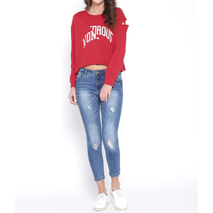 Women's <b>Red</b> Pullover <b>Sweatshirts</b> Best Selling Factory Direct Sale Jersey Fabric Solid Pattern Winter Style - Product Image 3