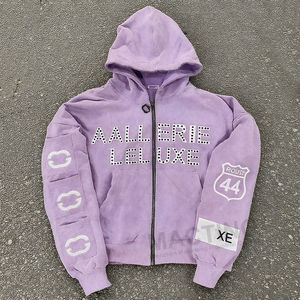 Sudadera con capucha 2026 de estilo urbano vintage, con lavado a la piedra, de corte extragrande y holgado, corta, bordada, con cremallera, con tachuelas y pedrería, con bolsillos - Product Image 6