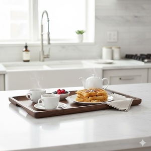 Plateau de service moderne en bois de manguier à un niveau avec poignées sculptées de qualité supérieure, passe au lave-vaisselle, prix d'usine - Product Image 4