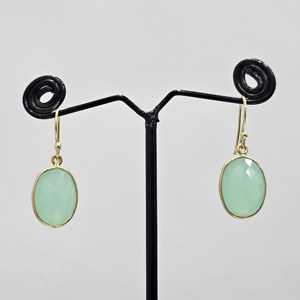 Pendientes de diseñador hechos a mano de Plata de Ley 925 Corte ovalado clásico único Aqua Calcedonia Piedra preciosa Oro natural y chapado en rodio - Product Image 1