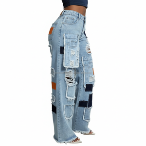 Vaqueros de cintura alta con patchwork para mujer, pantalones cargo vintage de pierna ancha, vaqueros holgados desgastados, nueva llegada, ropa urbana - Product Image 2