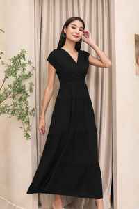 100% rayonne été col en v Maxi robe pour femmes dames cheville longueur à plusieurs niveaux ample décontracté à manches courtes solide uni teint robe noire - Product Image 6