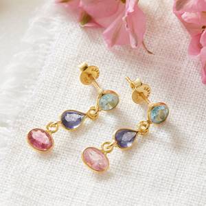 Antique 925 Sterling <b>Silver</b> Handmade Gold Plated Cute Wedding Earrings Bezel Setting Natural Multi-Colored Tourmaline Gift - Product Image 5