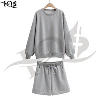 Ensemble deux pièces décontracté pour femme, respirant, personnalisable, motif uni, sweat-shirt à manches longues, short au-dessus du genou, tissu tricoté