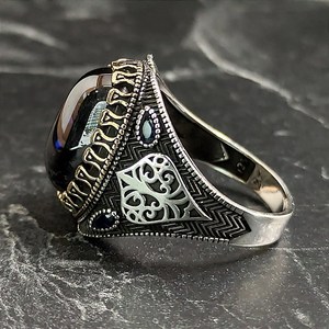 Men's Silver Yggdrasil Patterned <b>Ring</b> with Oval Dark Blue Sapphire Gemstone Handmade Tree Life Themed <b>Ring</b> <b>Opal</b> As Main Stones - Product Image 4