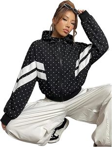 Black Polka Dot Printed Woven Cropped Bomber <b>Jacket</b> <b>Women</b> Zip up Hooded <b>Lightweight</b> Streetwear Outerwear - Product Image 1