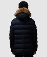 Veste matelassée longue pour homme en coton écologique bleu marine, à capuche avec garniture en fourrure, coupe-vent, décontractée, pour l'hiver, coupe régulière, en toile épaisse