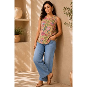 Débardeur sans manches pour femme à imprimé bloc - Nawabiyat Mahnoor Beige - Product Image 5