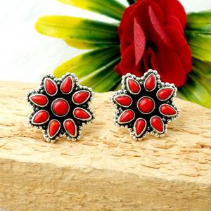 925 Sterling <b>Silver</b> Boho Stud <b>Earring</b> Natural Red Coral with Rose Gold Finish <b>Wedding</b> or Anniversary Gift for Her - Product Image 3