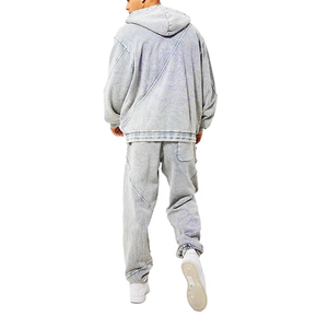 Custom Design 100% Cotton Vintage Manufacturer Sweatsuit Rhinestone Zip up Hoodie and Double Waist <b>Sweatpants</b> <b>Set</b> Men Tracksuit - Product Image 3