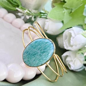 กำไลข้อมือปรับขนาดได้ อะเมโซไนต์ทรงคาโบชองธรรมชาติ ขายดีที่สุด ชุบทอง 18k แบบสามชั้น ซ้อนกันได้ ของขวัญสำหรับเธอ - Product Image 2