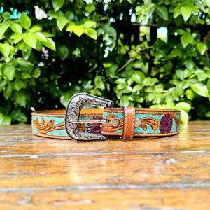 Ceinture Western Classique en Cuir de Vachette Argentin Peinte à la Main avec Motif Paisley et Boucle en Alliage de Zinc 40MM - Product Image 4