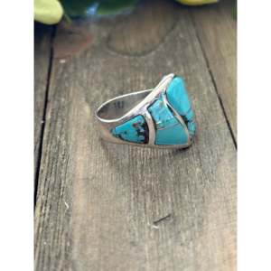 Navajo Handmade <b>Turquoise</b> & Sterling Silver Inlay <b>Ring</b> Size 9.25-Geometric Statement Jewelry - Product Image 4