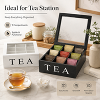Boîte à thé en bois massif avec couvercle transparent, boîte de rangement à 9 compartiments pour sachets de thé, capsules de café, pour la maison, la cuisine, le bureau