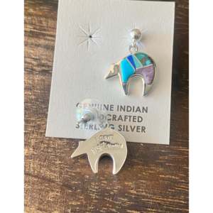 Navajo Handmade Multi Stone <b>Sterling</b> <b>Silver</b> Inlay Bear <b>Dangle</b> Stud <b>Earrings</b> - Product Image 5
