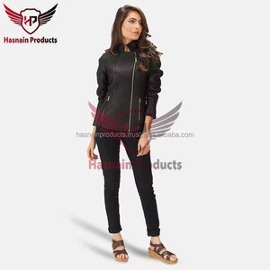 Chaqueta de cuero genuino negro para mujer, estilo motero, con cuello alto, acolchado de diamantes, abrigo de piel de oveja, bolsillos con cremallera, corte ajustado, prendas de vestir personalizadas - Product Image 2