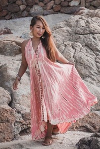 Robe maxi bohème rose / Dos ouvert / Été 100% coton Col en V Sans manches Respirante - Product Image 5