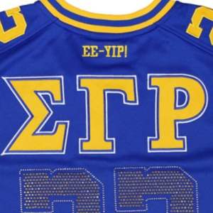 Camiseta de fútbol Sigma Gamma Rho SGRho Greek Sorority Royal Blue Gold 100% poliéster con logotipos bordados frente espalda hombros - Product Image 3