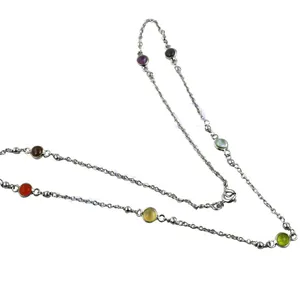Collier Bohème en Alliage Plaqué Argent avec Pierre Naturelle Sertie, Chaîne à Maillons, Fermoir Sûr Hypoallergénique, Bijou Unisexe, Idéal Cadeau - Product Image 2