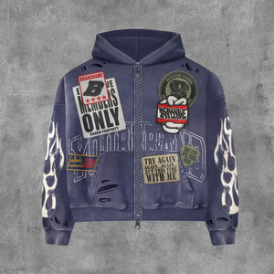 ผู้ผลิตเสื้อฮู้ดดี้ผ้าเฟรนช์เทอร์รี่แบบครอป สตรีทแวร์ แต่งยับ สไตล์วินเทจ ซิปหน้า ประดับคริสตัล - Product Image 4