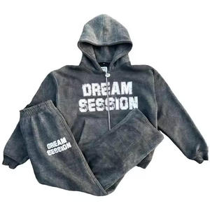 Haute qualité grande taille Street Style hommes Zipper survêtements personnaliser sérigraphié coton polaire lavage à l'acide hiver deux pièces ensembles - Product Image 6