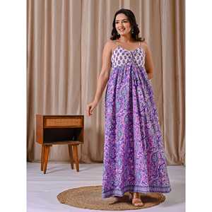 Vestido de Algodón Estampado en Bloques Blanco y Morado con Tirantes Finos y Cintura Imperio, Estilo Elegante Casual para Oficina, Transpirable y Cómodo - Product Image 4