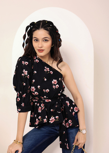 Elegante negro Floral de un hombro Peplum Top transpirable crepé tela cómoda y ajustable cintura corbata estilo dulce - Product Image 2