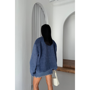 Ensemble veste courte en laine bleue et jupe courte pour femme, style Shepherd's Stitch - Product Image 1