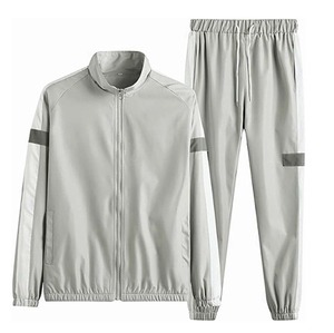 Unisex Light Gray <b>Tracksuit</b> Full Sleeve Zipper Closure Solid Color Casual Style Regular Fit Polyester Autumn Wear Side Pockets - Product Image 1