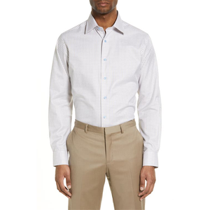 Camicia a Quadri David Donahue in Popeline 100% Cotone, Vestibilità Slim, Taglia 15.5-34, Bianco/Dune, Antipiega, Stile Casual - Product Image 1