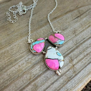 Collar de 3 piedras de plata de ley de caramelo de algodón hecho a mano, joyería elegante, regalo de Diseño Artesanal único para mujer - Product Image 1