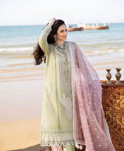 ROBE PAKISTANE VERT CLAIR ET COULEUR PÊCHE CHEMISE COTTON LAWN SOIE DUPATTA HAUTE QUALITÉ SALWAR KAMEEZ GARARA BY WS INTERNATION - Product Image 3