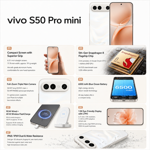 vivo S50 <span class=keywords><strong>Pro</strong></span> Mini 5G, Smartphone Compatto di Punta, Display 6.31" 1.5K 120Hz, Snapdragon <span class=keywords><strong>8</strong></span> Gen 5, Batteria 6500mAh, Fotocamera Periscopica 50MP, Vendita Globale - Product Image 3
