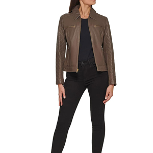 เสื้อแจ็คเก็ตหนังแท้ทรงไบค์เกอร์สำหรับผู้หญิงไซส์ใหญ่ แฟชั่นใหม่ปี 2024 ขายส่ง เสื้อโค้ทยาว ซิป ปกพับ มีกระเป๋า สีดำ สำหรับฤดูใบไม้ร่วง - Product Image 4