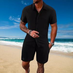 Conjuntos De Camisa Con Cuello Mao Y Botones Y Pantalones Cortos De Lino Y Algodón Transpirables De Estilo Vintage Para Hombre, Atuendos Casuales Para Uso Diario, Ropa De Verano Para Hombre - Product Image 2