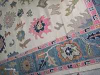 Beau tapis turc moderne traditionnel antique de 9x12 de haute qualité blanc bleu Oushak tapis de laine noué à la main tapis de prière en soie