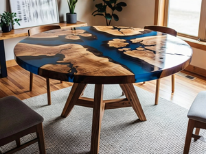 Table à manger en bois d'acacia en résine artisanale moderne de luxe, table de salon imperméable pour mariage, retraite, Diwali, condoléances - Product Image 3