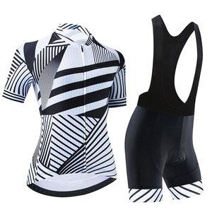 Conjunto de Jersey de Ciclismo para Mujer, Negro y Blanco con Estampado Geométrico, Manga Corta, con Culotte Acolchado - Product Image 1